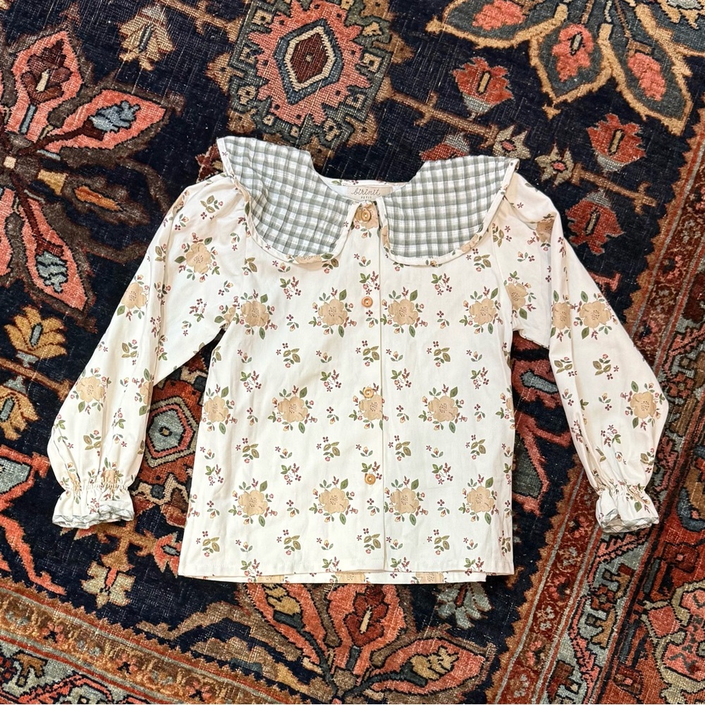 Floral Kids Blouse with Checkered Collar